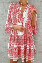 Vintage Geometric Pattern V-Neck Dress