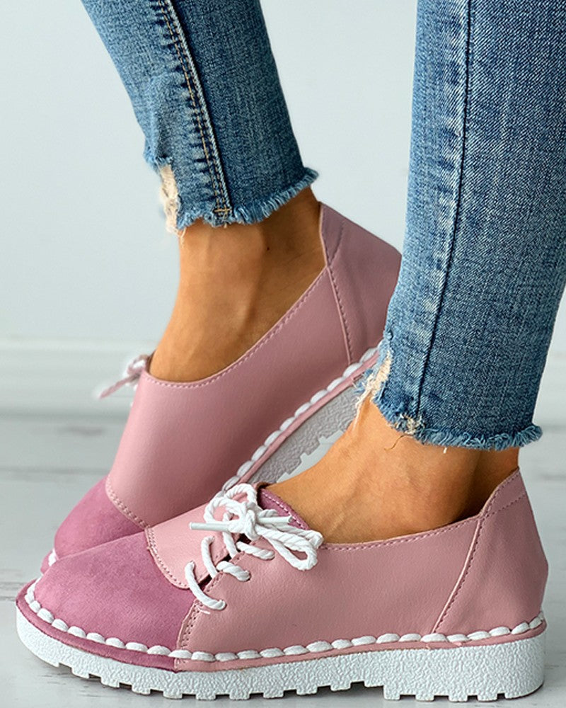 Colorblock Lace-up Casual Slip-On Flats