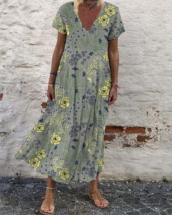 Casual Vintage Print Loose V-Neck Short Sleeve Maxi Dress