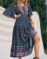 Casual Vintage Boho V-Neck Print Dress