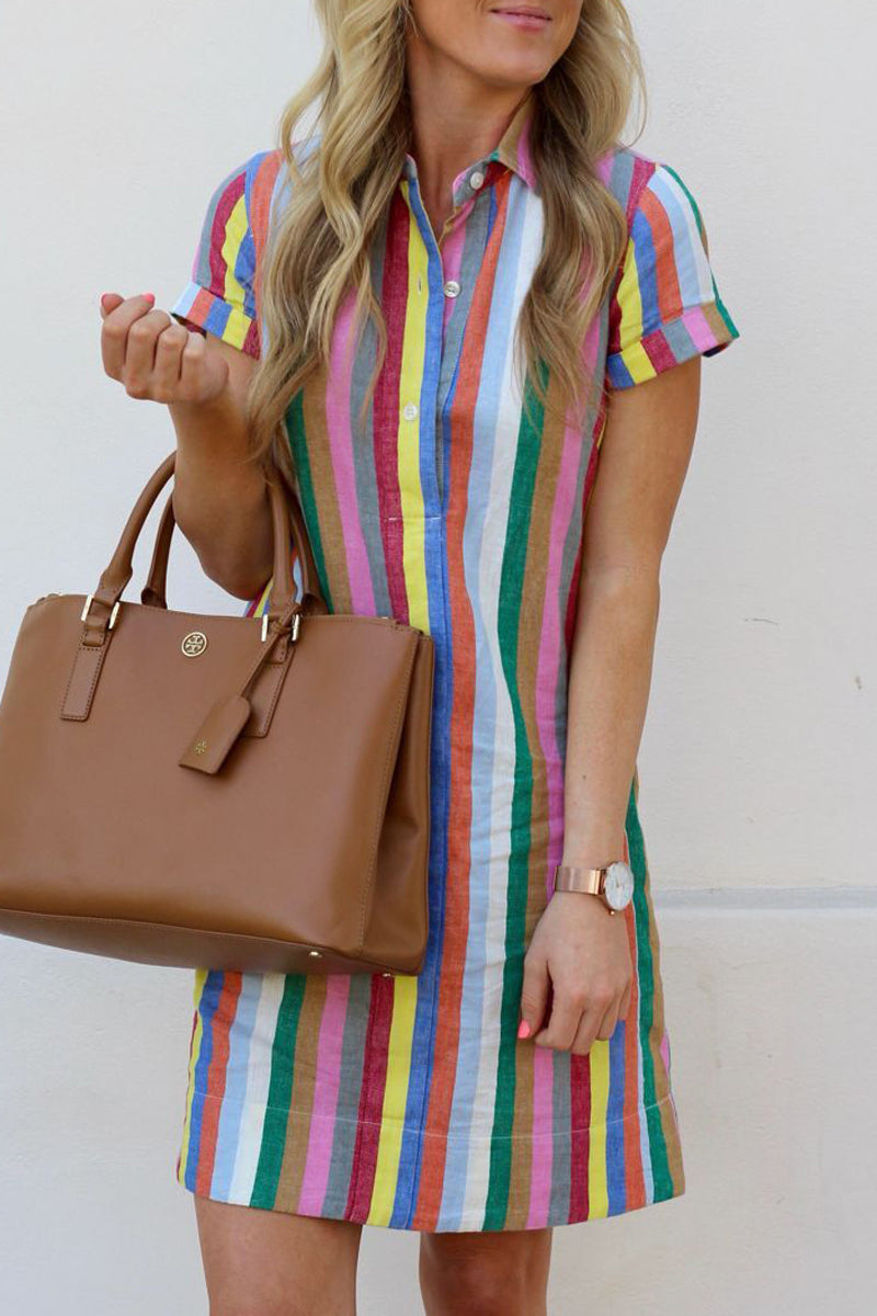 Rainbow Stripe Turndown Collar Mini Dress