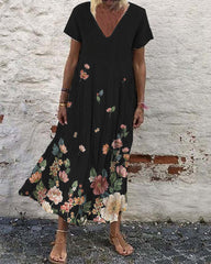 Casual Vintage Print Loose V-Neck Short Sleeve Maxi Dress