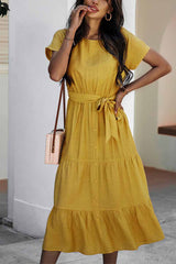 Pure Color Simple Restraint Waist Midi Dress