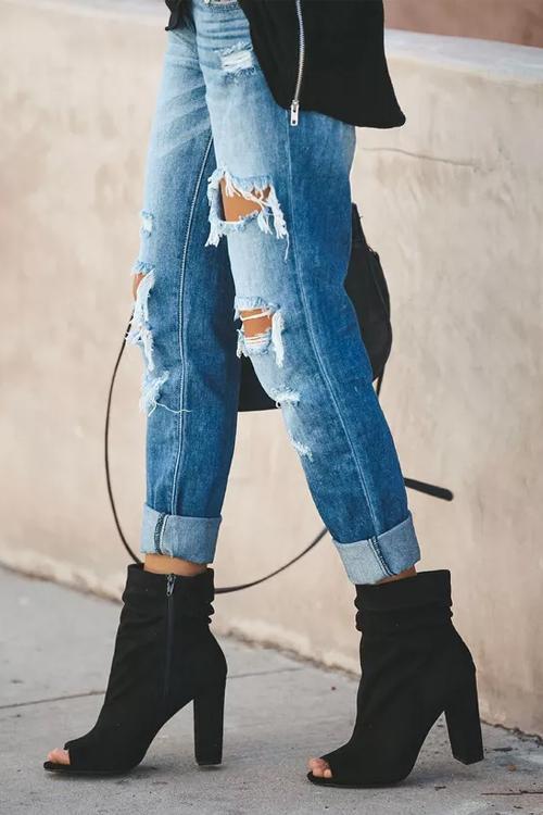 Ripped Straight Denim Jeans