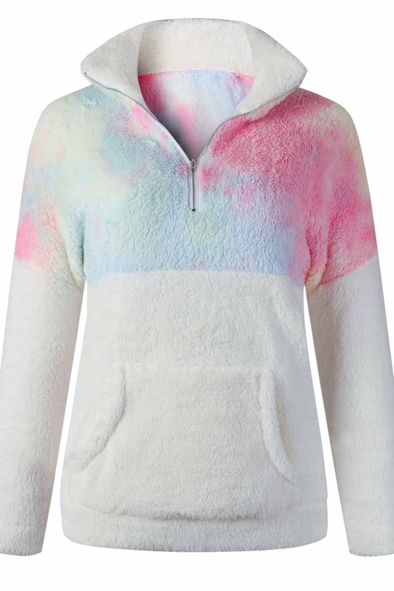 Tie-dye Stitching Plush Top With Pockets