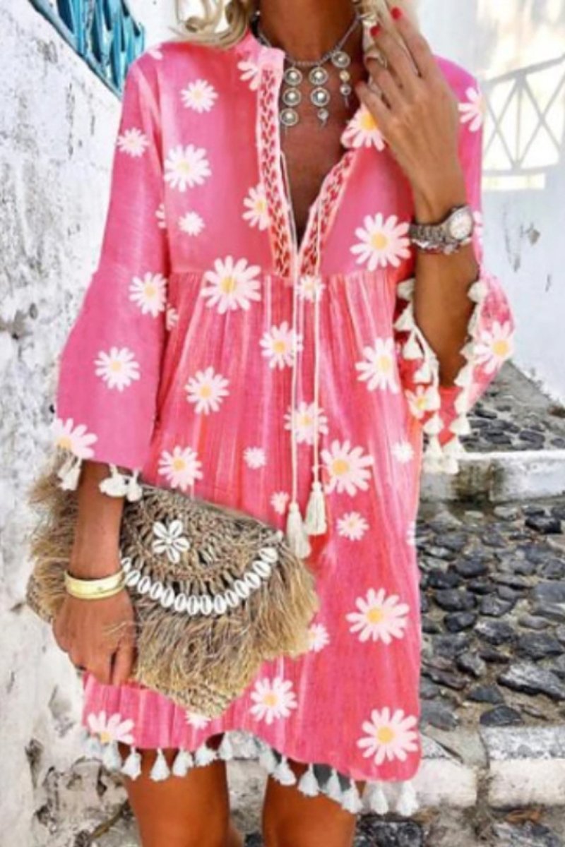 Bohemian Daisy Print Tassel Dress