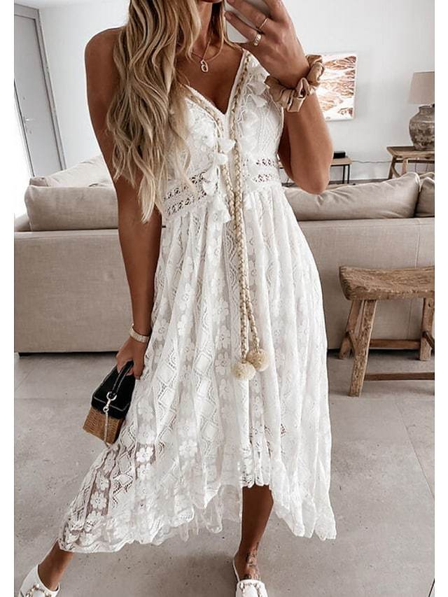 Women's Swing Dress Maxi Long Dress White Beige Sleeveless Solid Color Embroidered Lace Spring Summer V Neck Casual Boho Beach Lace 2021 S M L XL XXL