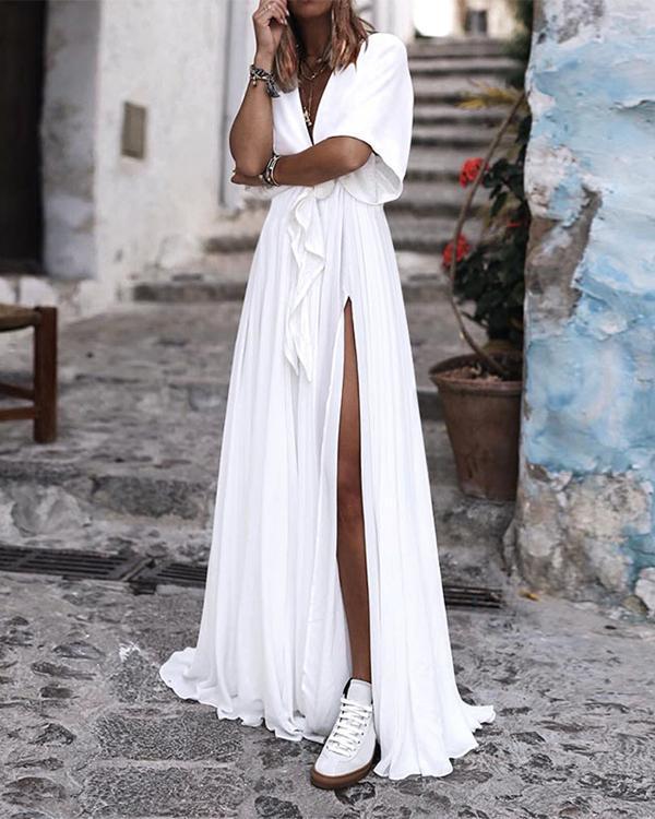 Sexy V Neck Short Sleeve Solid Lace Maxi Dress