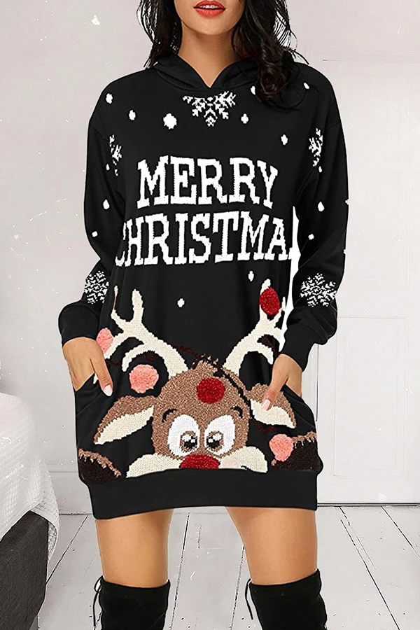 Christmas Cartoon Print Hood Mini Dress