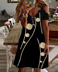 Printed V-Neck Lace Off-the-Shoulder Sexy Dress