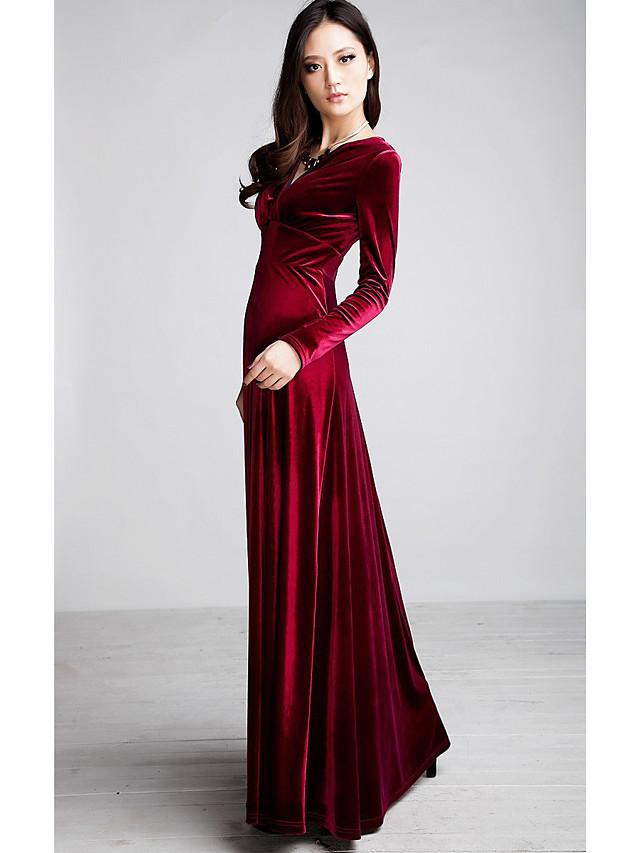 Women's Sheath Dress Maxi long Dress Black Purple Wine Green Royal Blue Long Sleeve Solid Colored V Neck Hot Velvet S M L XL XXL 3XL / Plus Size