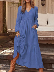 Women's Maxi Shift Dress - Long Sleeve Solid Color V Neck Loose Yellow Royal Blue Light gray Brown Light Blue S M L XL XXL XXXL