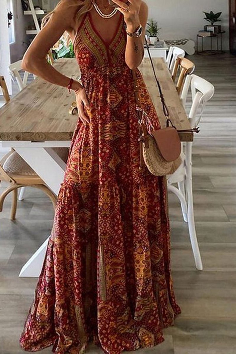 Bohemian V-Neck Sling Maxi Dress