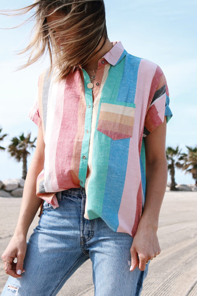 Rainbow Stripe Lapel Blouse