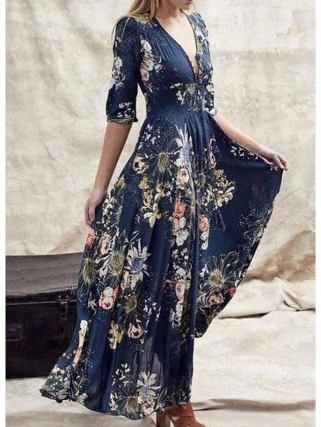 Women's Swing Dress Maxi Long Dress Blue Green Half Sleeve Floral Ruffle Print Summer V Neck Hot Casual Boho 2021 S M L XL XXL 3XL 4XL