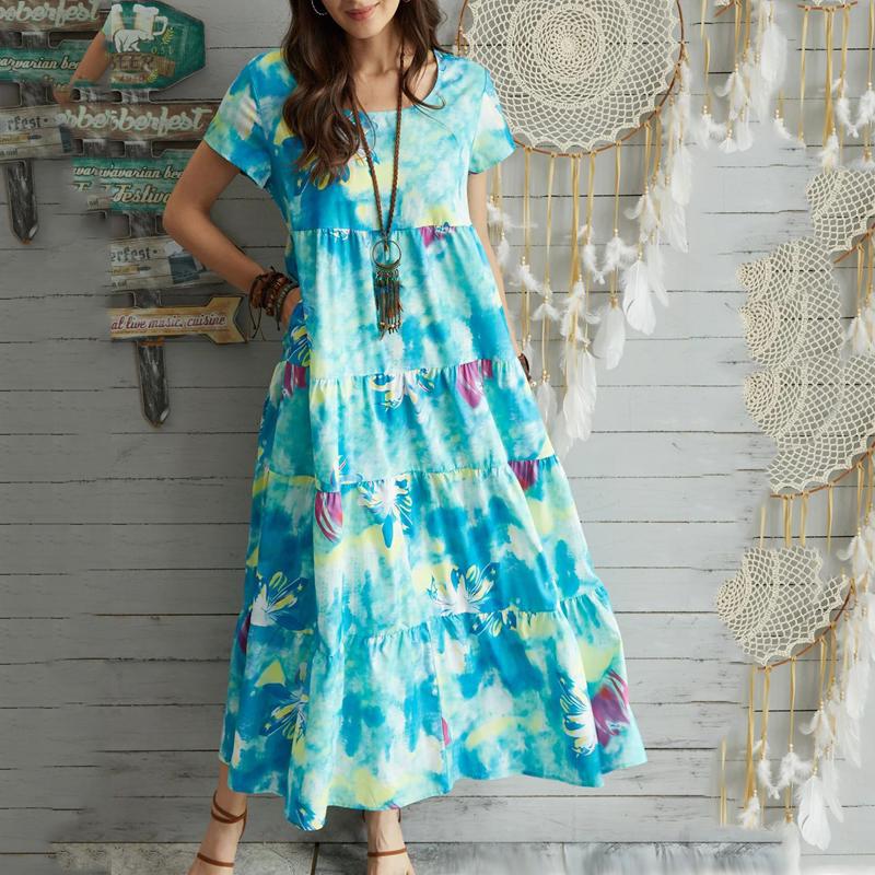 Tie Dye Floral Print Maxi Dress