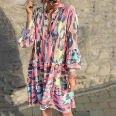 Printed Patchwork Tired V-Neck Dress