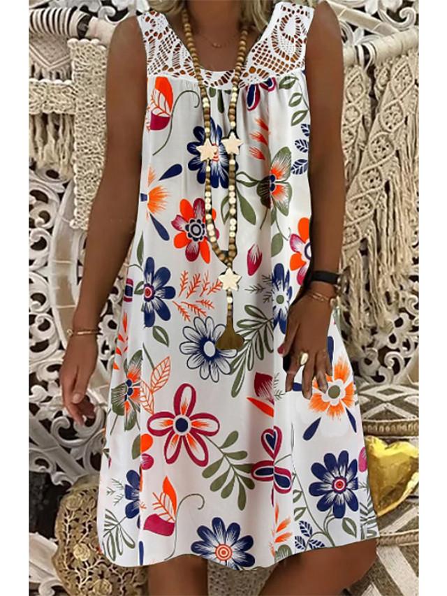 Women's Shift Dress Knee Length Dress - Sleeveless Floral Lace Print Summer Plus Size Hot Mumu Beach vacation dresses 2020 White Black Army Green Fuchsia Navy Blue M L XL XXL 3XL 4XL 5XL