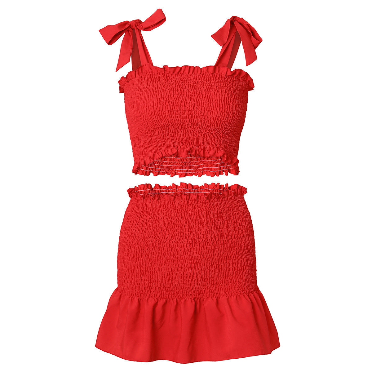 Red Shoulder-Ties Smocked Matching Sets