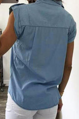 Plus Size Turndown Collar Sleeveless Denim Pocket Shirt