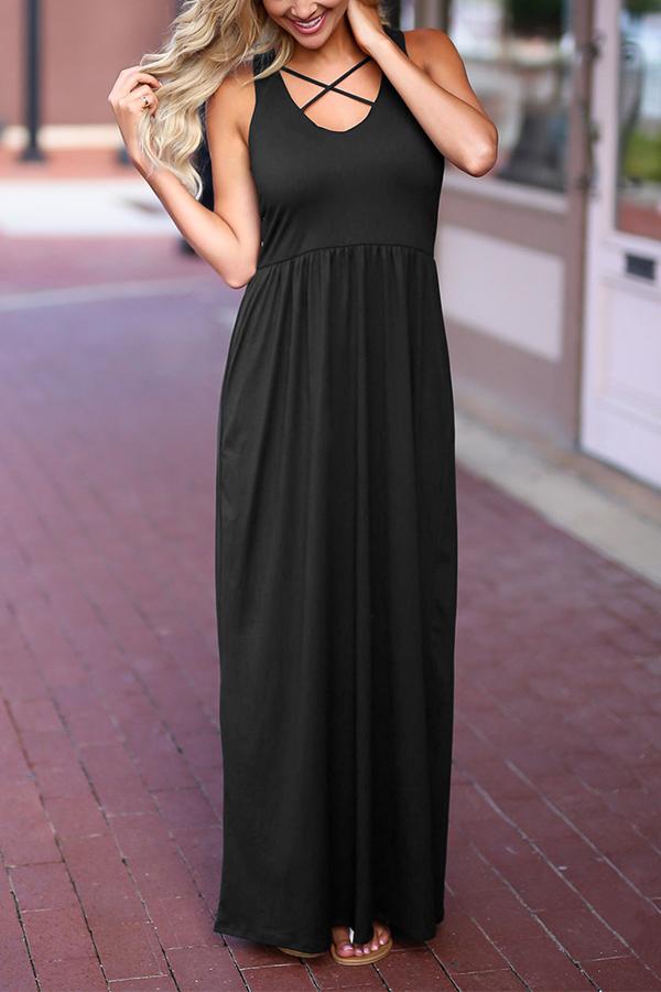 Round Neck Bandage High Waist Solid Color Maxi Dress