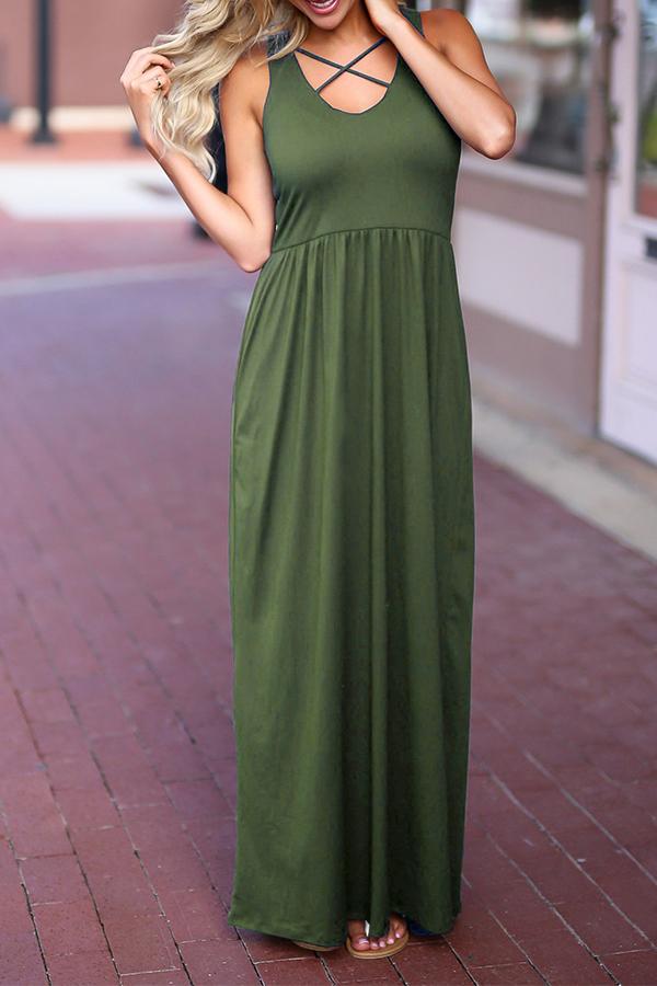 Round Neck Bandage High Waist Solid Color Maxi Dress