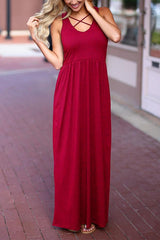 Round Neck Bandage High Waist Solid Color Maxi Dress