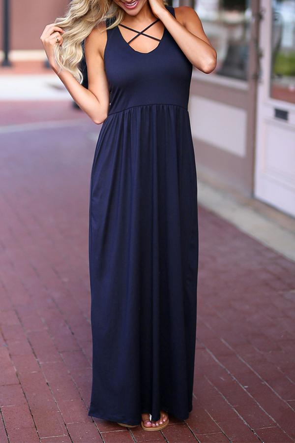 Round Neck Bandage High Waist Solid Color Maxi Dress