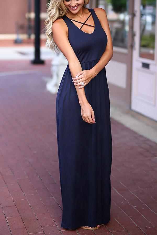 Round Neck Bandage High Waist Solid Color Maxi Dress