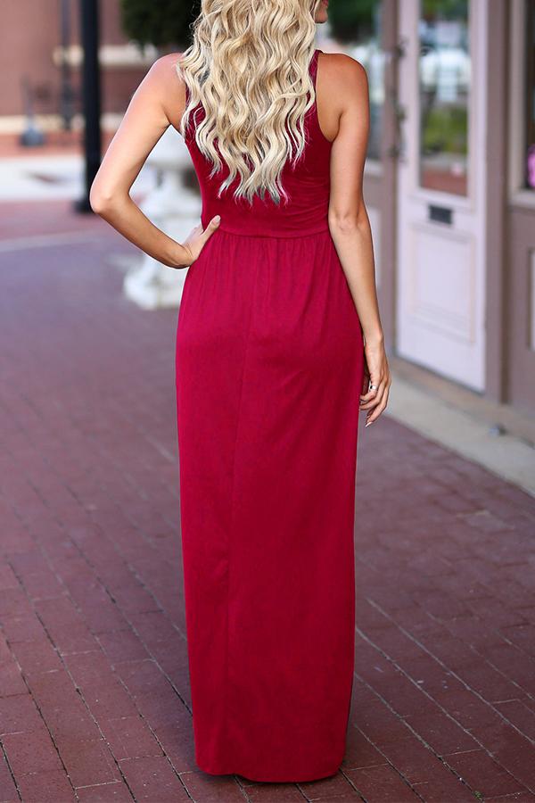 Round Neck Bandage High Waist Solid Color Maxi Dress