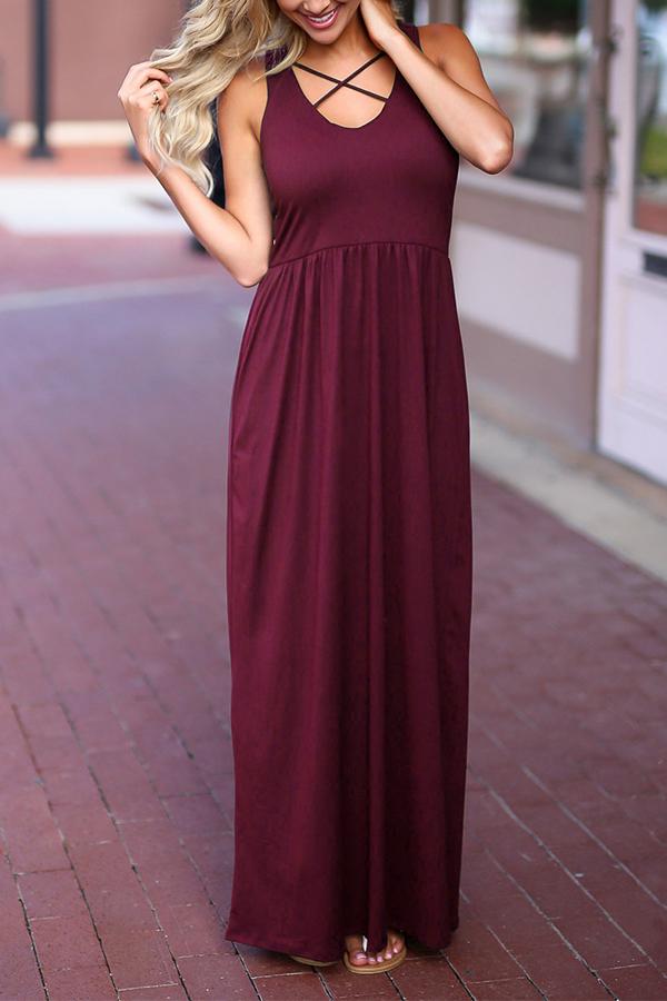 Round Neck Bandage High Waist Solid Color Maxi Dress