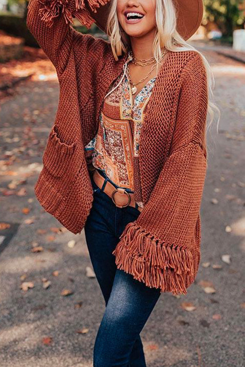 Batwing Sleeve Solid Tassel Sweater Cardigan