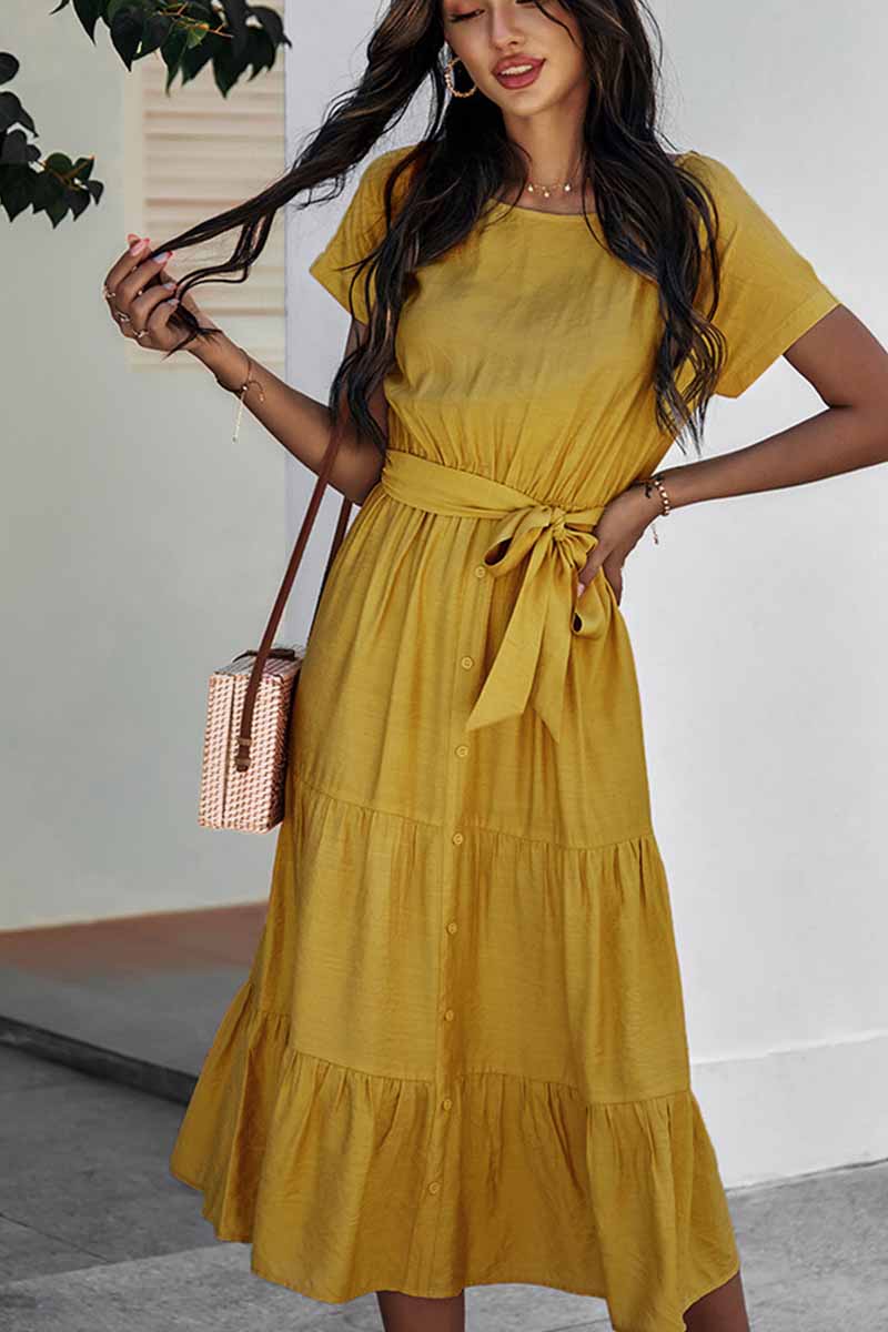 Pure Color Simple Restraint Waist Midi Dress