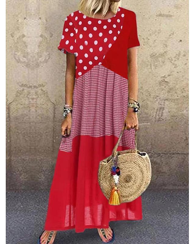 Women's Maxi long Dress Short Sleeve Polka Dot Print Summer Hot Casual Blue Red Yellow Red Combo S M L XL XXL 3XL