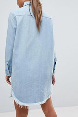 Turndown Collar Denim Long Sleeve Button Pocket Blouse