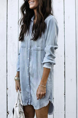 Turndown Collar Denim Long Sleeve Button Pocket Blouse