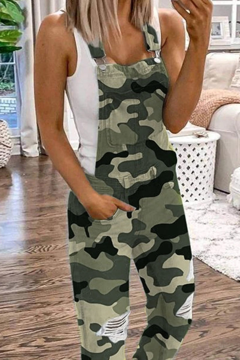 Camouflage Distressed Denim Plus Size Jumpsuit