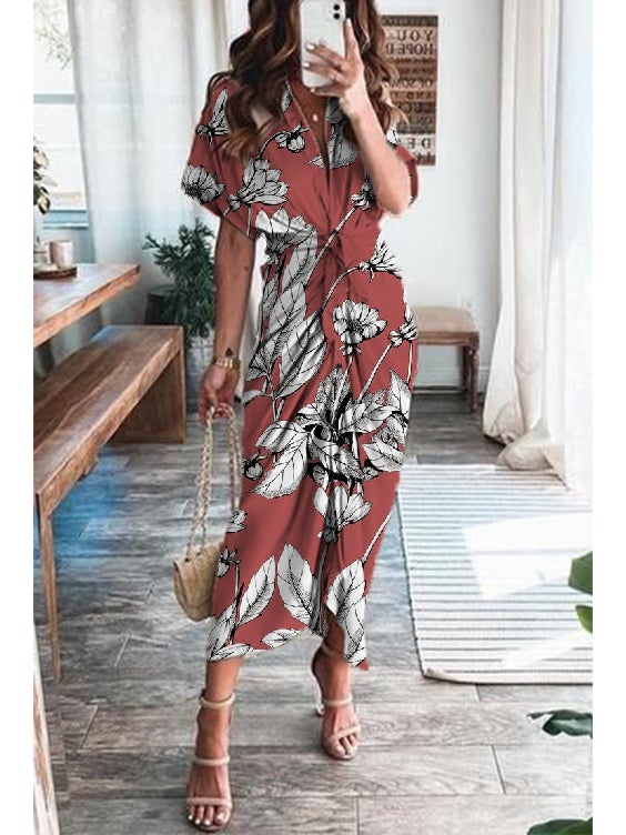 Print Satin Pleated Classy Bandage Shirt Dress