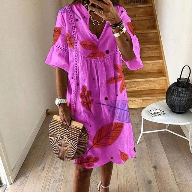 Women Sexy Hollow Out V-neck Mini Dress Floral Print Patchwork Dress Casual Beach Dress