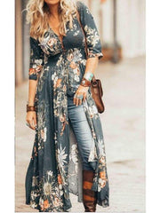 Women's Swing Dress Maxi Long Dress Blue Green Half Sleeve Floral Ruffle Print Summer V Neck Hot Casual Boho 2021 S M L XL XXL 3XL 4XL