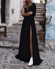 Sexy V Neck Short Sleeve Solid Lace Maxi Dress