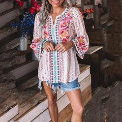 Bohemian V-Neck Long Sleeve Blouse