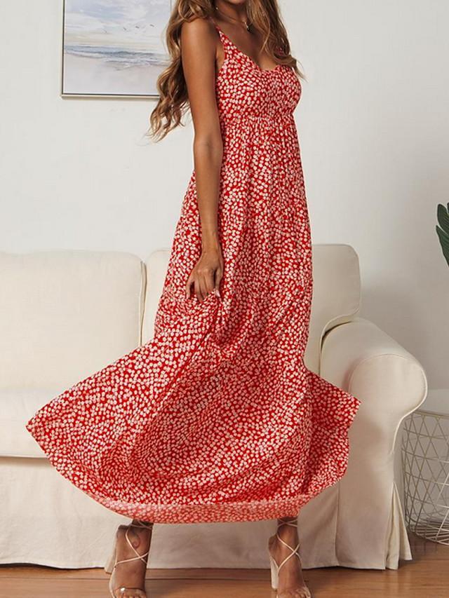 Women's Strap Dress Maxi long Dress Sleeveless Print Hot Red Navy Blue S M L XL