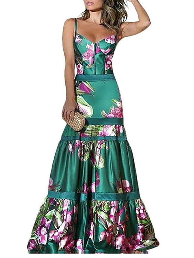 Women's Sheath Dress Maxi Long Dress Green Sleeveless Floral Patchwork Print Spring Summer Casual 2021 S M L XL XXL 3XL