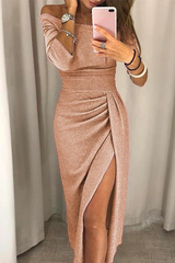 Boat Neck Glittering High Split Wrap Dress