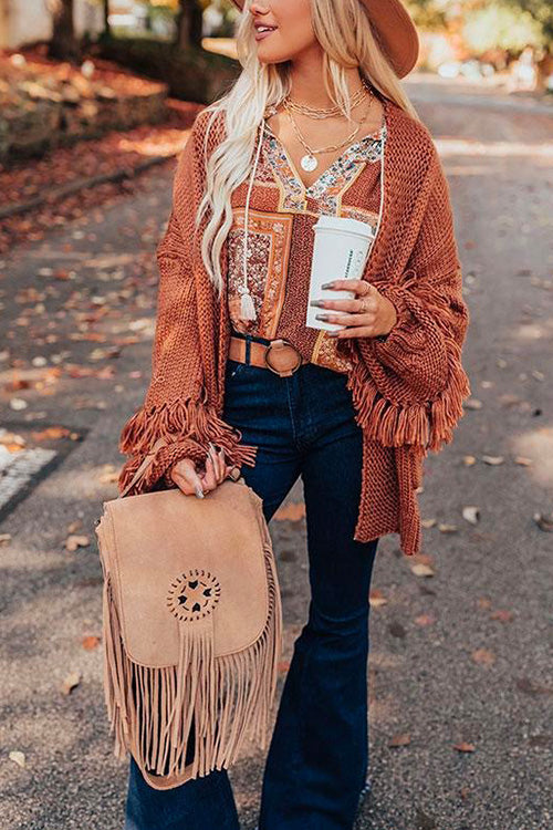 Batwing Sleeve Solid Tassel Sweater Cardigan