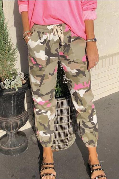 Camo Elastic Mid Belt Waist Cargo Pants