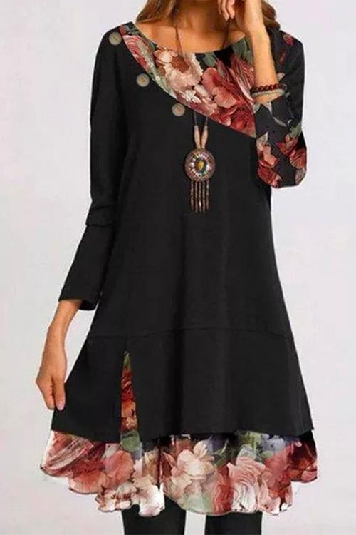 Chiffon Floral Splice Long Sleeves Dress