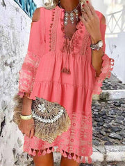 Women's Shift Dress Short Mini Dress - 3/4 Length Sleeve Tassel Fringe Lace Cold Shoulder Summer Hot Casual Boho vacation dresses White Blue Yellow Beige Light Blue S M L XL XXL 3XL-0208808