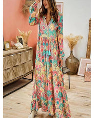 Women's Swing Dress Maxi long Dress Long Sleeve Print Patchwork Print Fall V Neck Casual Boho Loose Rainbow S M L XL XXL